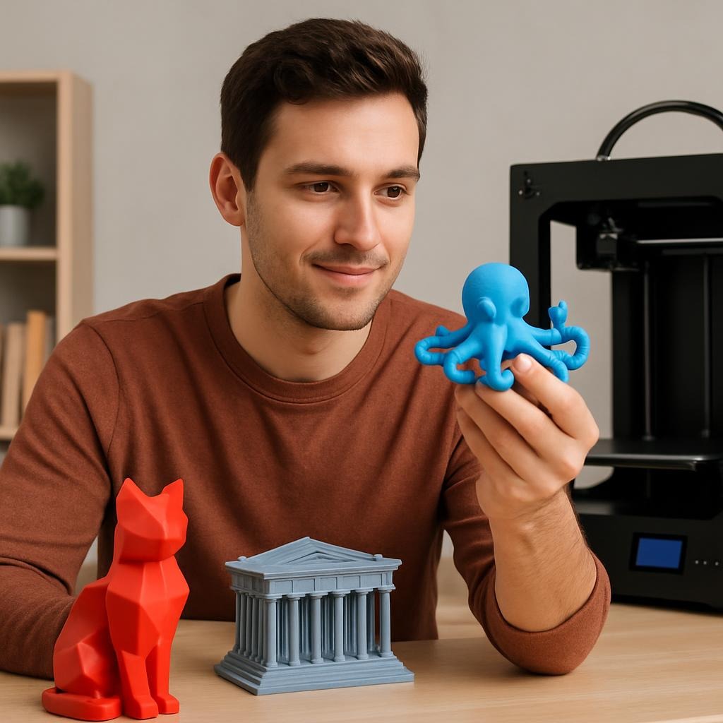 Iemand die naar een 3D print kijkt. Op tafel staan nog andere 3D prints